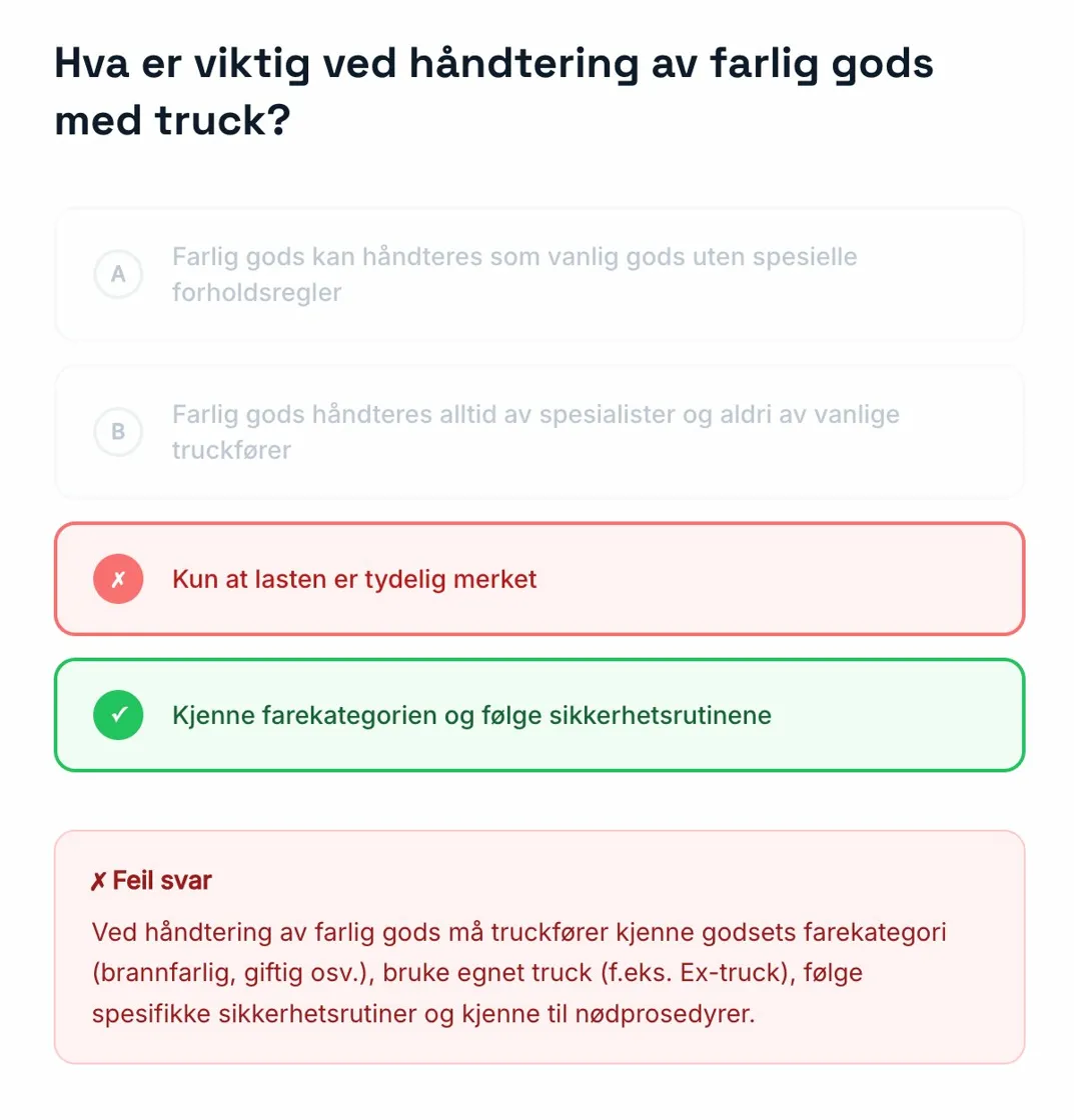 Skjermbilde fra Truckteorien: et øvingsspørsmål om farlig gods med riktig svar markert grønt
